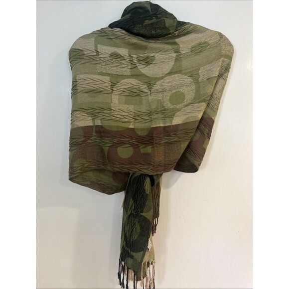 Nicole Marciano Rectangle Scarf Green&brown Textured Print Fringe 68x20 - Picture 3 of 8